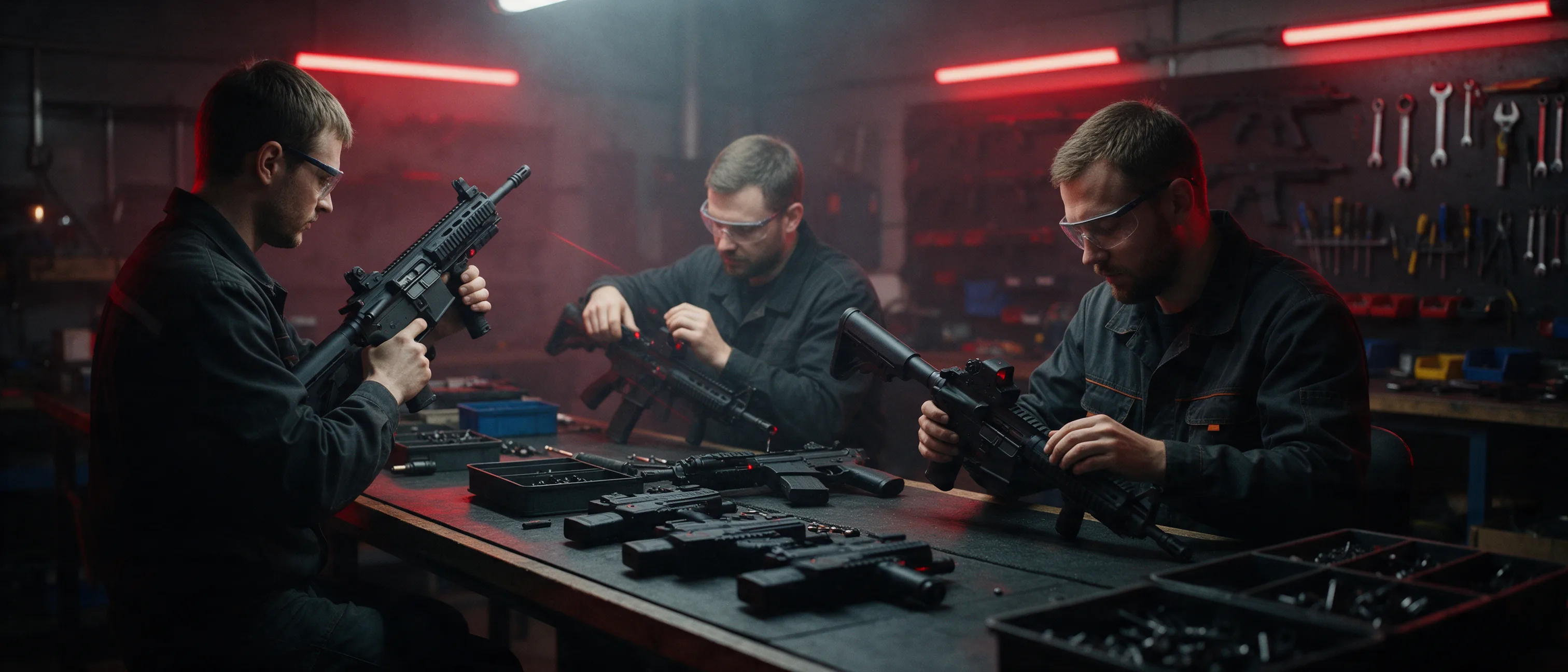 Инженеры собирают бластеры на производстве LASERWAR